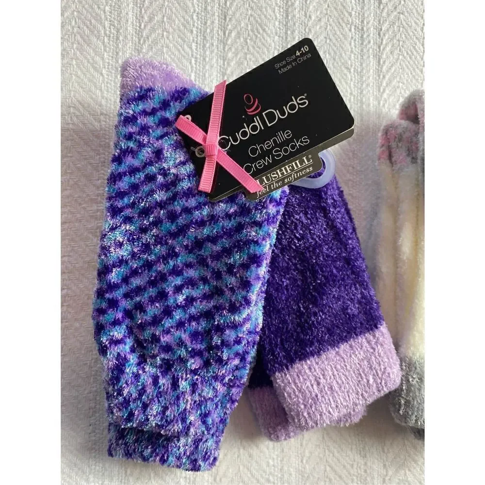 Cuddl Duds Girls Shoe Size 4-10 Chenille Crew Socks - 2 - 2 Packs
